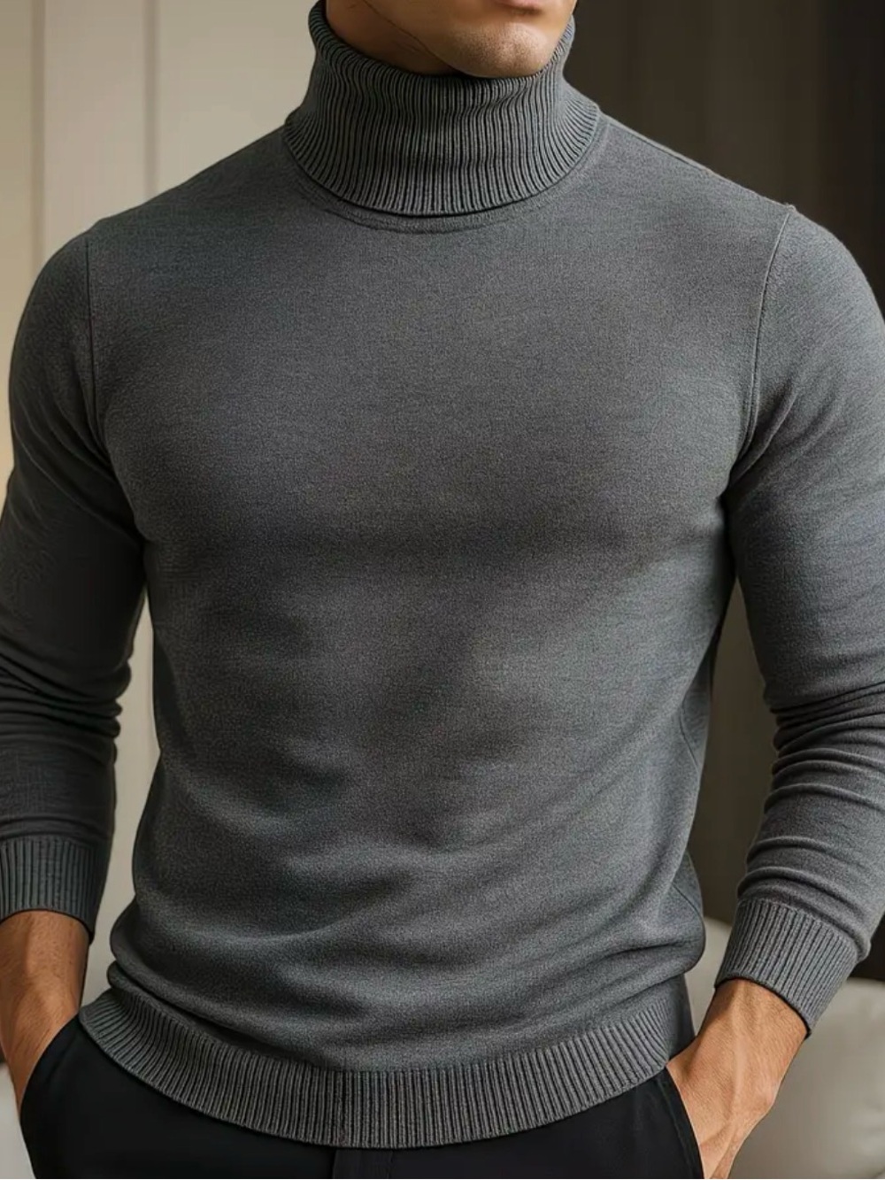 Slim Fit Grey Ribbed Turtleneck Sweater